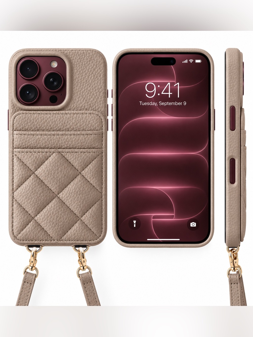 Taupe Quilted Leather Card Holder Crossbody Phone Case for iPhone 18 Pro Max